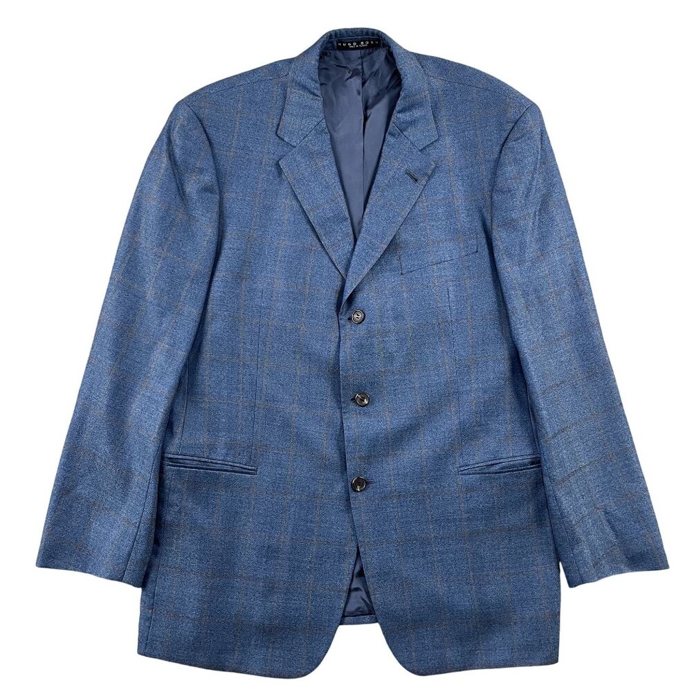 Hugo Boss Blazer Sports Coat Mens 44R Windowpane 3-Button 100%‎ Wool Navy